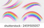 Set of translucent rainbow elements with sparkles on a transparent background. Symbol of pride, luck, fantasy. Vector illustration isolated on copy space background