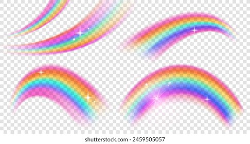 Set of translucent rainbow elements with sparkles on a transparent background. Symbol of pride, luck, fantasy. Vector illustration isolated on copy space background