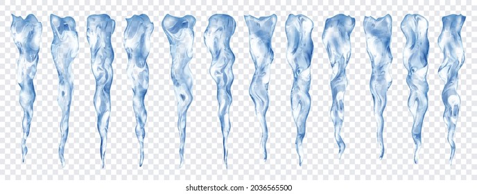 Set of translucent realistic gray icicles of different lengths on transparent background. Transparency only in vector format