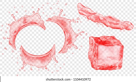 Set of translucent semicircular water splashes with drops, jet of liquid and ice cube in red colors, isolated on transparent background. Transparency only in vector format