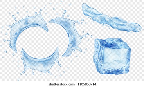 Set of translucent semicircular water splashes with drops, jet of liquid and ice cube in blue colors, isolated on transparent background. Transparency only in vector format