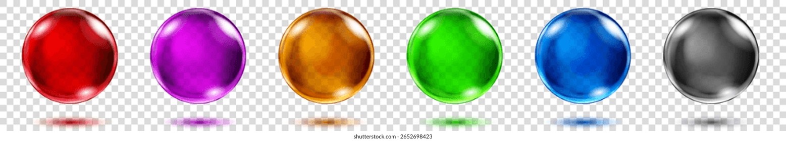 Conjunto de esferas translúcidas de diferentes cores brilhantes com realces e sombras em fundo transparente, ilustração vetorial para projetos de design e criação de trabalhos criativos.