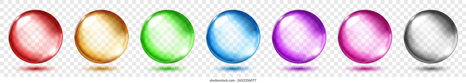 Set of translucent spheres of different colors with highlights and shadows on transparent background, vector illustration for design projects and creating creative works.