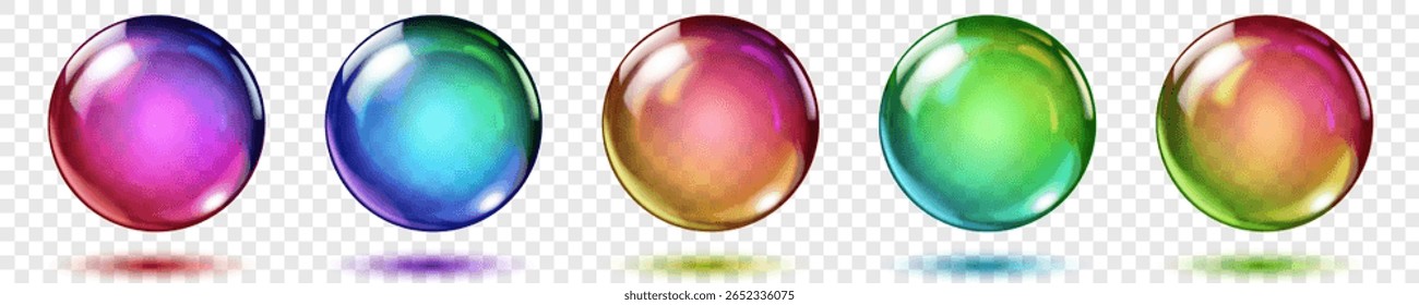 Set of translucent spheres of rainbow colors with highlights and shadows on transparent background, vector illustration for design projects and creating creative works.