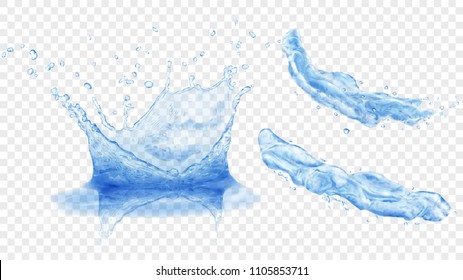 Set of translucent water crown with drops and two splashes or jets in blue colors, isolated on transparent background. Transparency only in vector format
