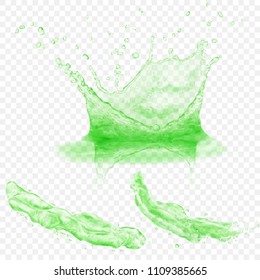 Set of translucent water crown and two splashes in green colors, isolated on transparent background. Transparency only in vector format