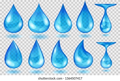 Set of translucent water drops in blue colors in various shapes, isolated on transparent background. Transparency only in vector format