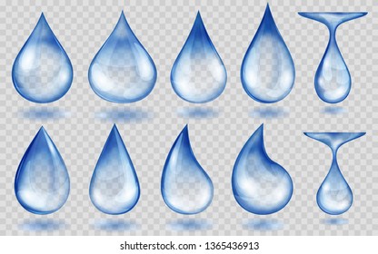 Set of translucent water drops in blue colors in various shapes, isolated on transparent background. Transparency only in vector format