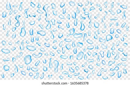 Set of translucent water drops in blue colors in various shapes, isolated on transparent background. Transparency only in vector format