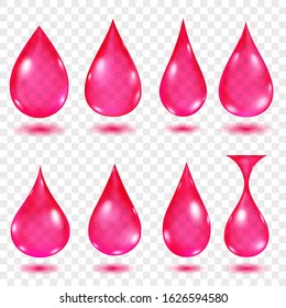 Set of translucent water drops in crimson colors in various shapes, isolated on transparent background. Transparency only in vector format