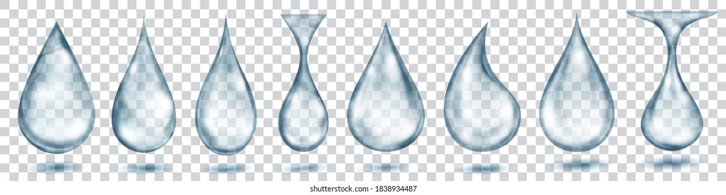 Set of translucent water drops in gray colors in various shapes, isolated on transparent background. Transparency only in vector format