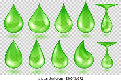 Set of translucent water drops in green colors in various shapes, isolated on transparent background. Transparency only in vector format