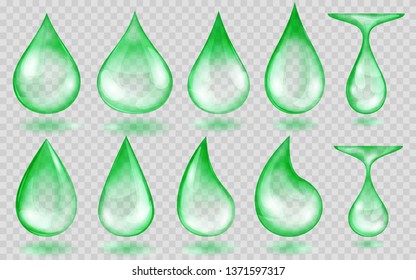 Set of translucent water drops in green colors in various shapes, isolated on transparent background.  