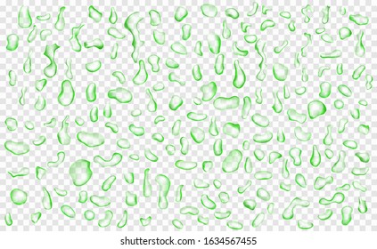Set of translucent water drops in green colors in various shapes, isolated on transparent background. Transparency only in vector format