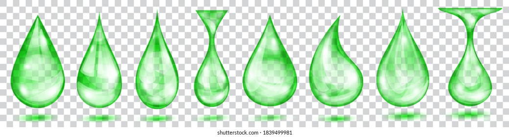 Set of translucent water drops in green colors in various shapes, isolated on transparent background. Transparency only in vector format