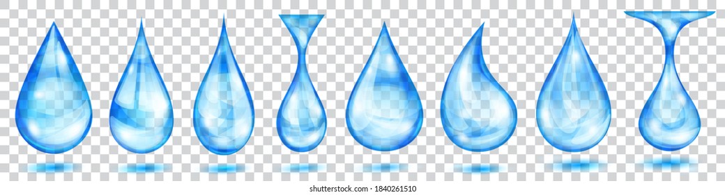 Set of translucent water drops in light blue colors in various shapes, isolated on transparent background. Transparency only in vector format