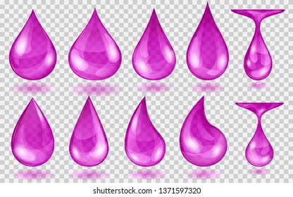 Set of translucent water drops in purple colors in various shapes, isolated on transparent background.  