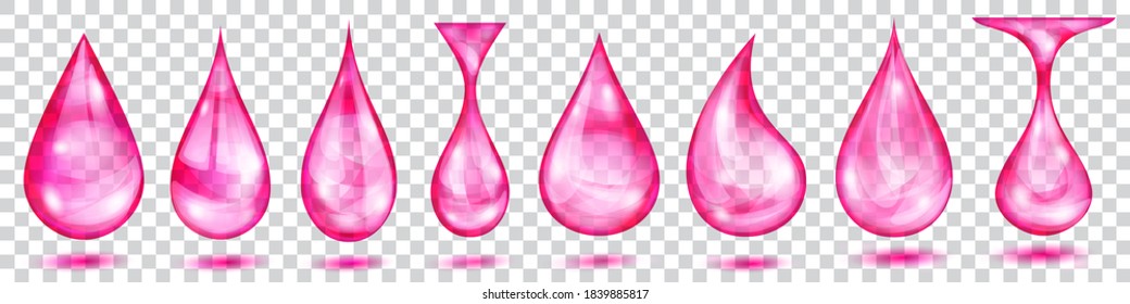 Set of translucent water drops in purple colors in various shapes, isolated on transparent background. Transparency only in vector format