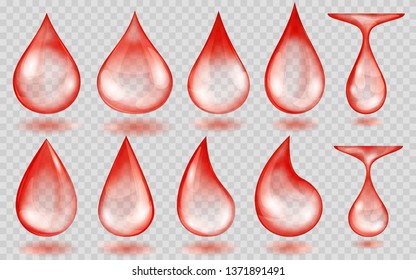 Set of translucent water drops in red colors in various shapes, isolated on transparent background. Transparency only in vector format