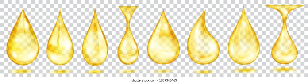 Set of translucent water drops in yellow colors in various shapes, isolated on transparent background. Transparency only in vector format