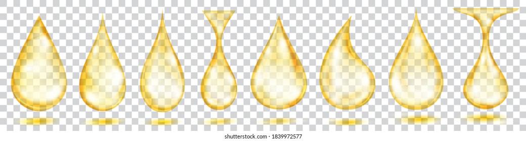 Set of translucent water drops in yellow colors in various shapes, isolated on transparent background. Transparency only in vector format