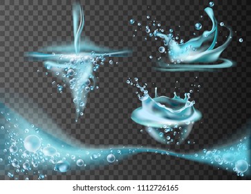 Set of translucent water splashes, drops and crown in light blue colors, isolated on transparent background. Vector illustration.