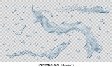 Set of translucent water splashes and drops in light blue colors, isolated on transparent background. Transparency only in vector file.