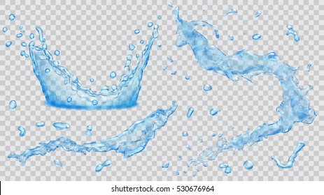 Set of translucent water splashes, drops and crown in light blue colors, isolated on transparent background. Transparency only in vector file