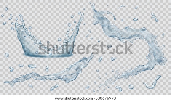 Set of translucent water splashes, drops and\
crown in light blue colors, isolated on transparent background.\
Transparency only in vector\
file.