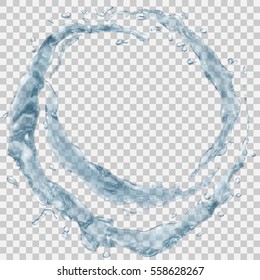 Set of translucent water splashes in the form of a half ring and drops in light blue colors, isolated on transparent background. Transparency only in vector file