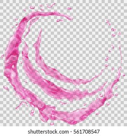 Set of translucent water splashes in the form of a half ring and drops in pink colors, isolated on transparent background. Transparency only in vector file.