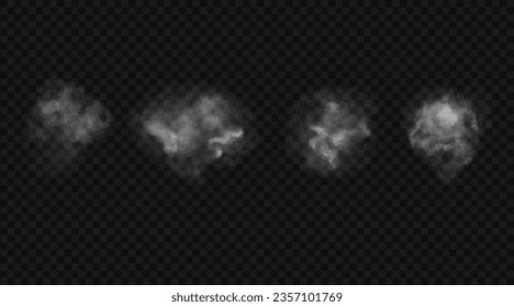 Set von durchsichtigen weißen Rauchwolken. Vektor-realistische Gestaltungselemente von Nebel und Dras