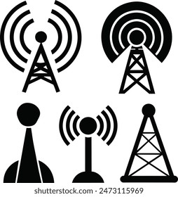 Eine Reihe von Transmitter-Icons, schwarze Vektorgrafik