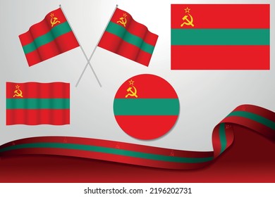 Set von Transnistrien-Flaggen in verschiedenen Designs, Symbol, Flag und Band mit Hintergrund.