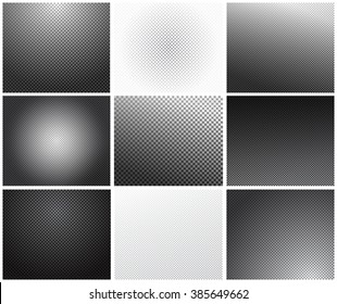 Set transparency grid vector backgrounds and different black   white gradients   cell size  Checkered textures collection