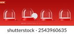 Set of transparent 3d glass snow globes with red bases on red background, showing different podium, ready for Christmas and New Year designs. Realistic vector illustration
