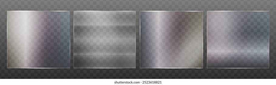 Set of transparent abstract gradient background with trendy ribbed glass effect. Acrylic reeded fluted panel, clear plastic texture. Vector illustration