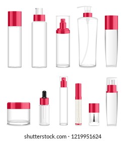 Set of transparent acrylic cosmetic bottles with red caps. Vector