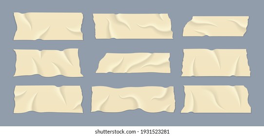 Set mit transparentem Klebeband. Beige Klebe- oder Maskingbänder mit gerissenen Kanten realistisch. Realistische, zerknitterte Streifen. Klebende Bänder mit Schatten.