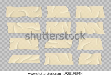 Set of transparent adhesive tape. Beige adhesive or masking tape pieces with torn edges realistic style. Realistic wrinkled strips. Sticky tapes with shadow.