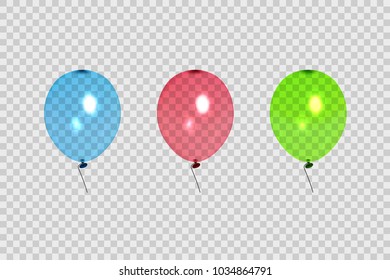 Set of transparent balloons in different colors. Isolated on transparent background. Element for the design of postcards, booklets, congratulations, holidays, gift certificates. Vector