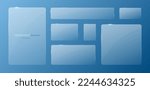 A set of transparent banners on a blue background. Vector illustration. Glass banners with highlights in the style of glassmorphism.