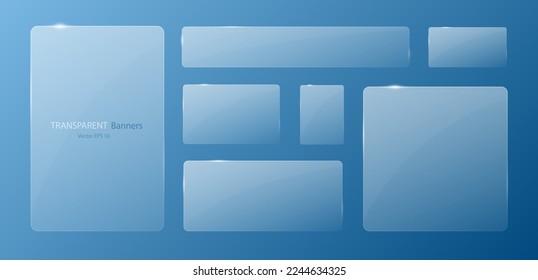 A set of transparent banners on a blue background. Vector illustration. Glass banners with highlights in the style of glassmorphism.