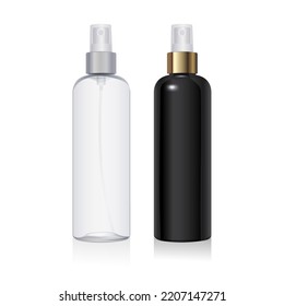 Set of transparent and black plastic bottle mockup. Round plastic packaging with silver and gold spray isolated on white background. Clean PET container