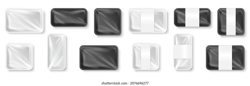 Set of transparent black and white plastic food containers, product tray box pack with label. 3d realistic mockup template food packing, grocery store or shop fast food package. Vector illustration