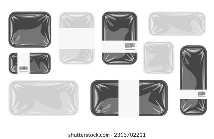 Set of transparent black and white plastic food container. Empty product tray box pack. Vector tray with cellophane cover. Template or mockup.