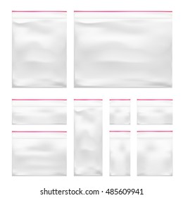 Set Of Transparent Blank Plastic Pocket Bag. EPS10 Vector