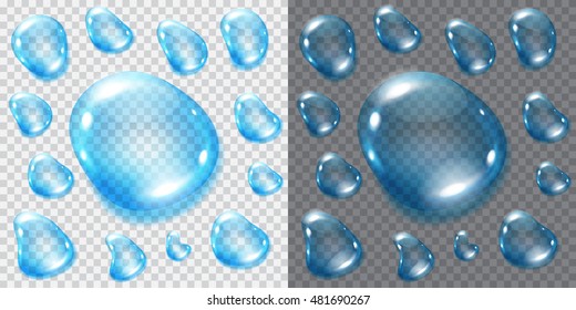 Set of transparent blue drops for light and dark background. Transparency only in vector file