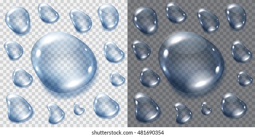 Set of transparent blue drops for light or dark background. Transparency only in vector file