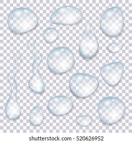 Set of  transparent  blue drops of pure clear water isolated on a gray background. Realistic  vector  illustration.